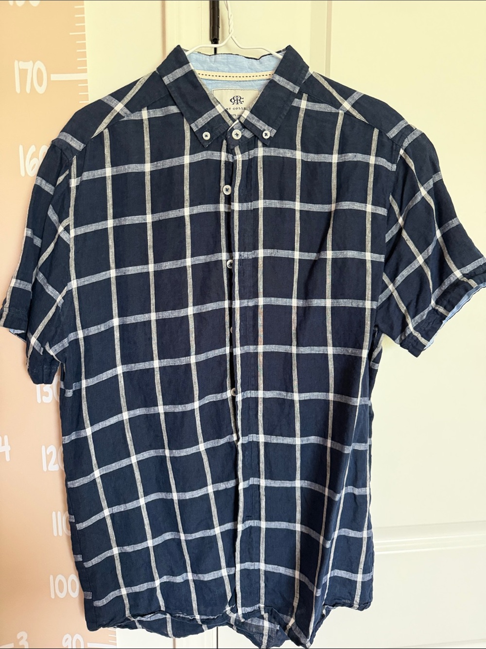 Report Collection Navy and White Windowpane Short-Sleeve Button-Down Shirt